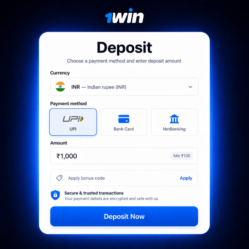 1win deposit form for Indian users with INR, UPI, bank card and NetBanking payment options