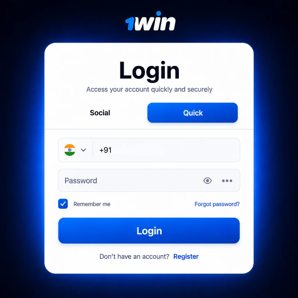 1win login form for Indian users with +91 phone number and password field