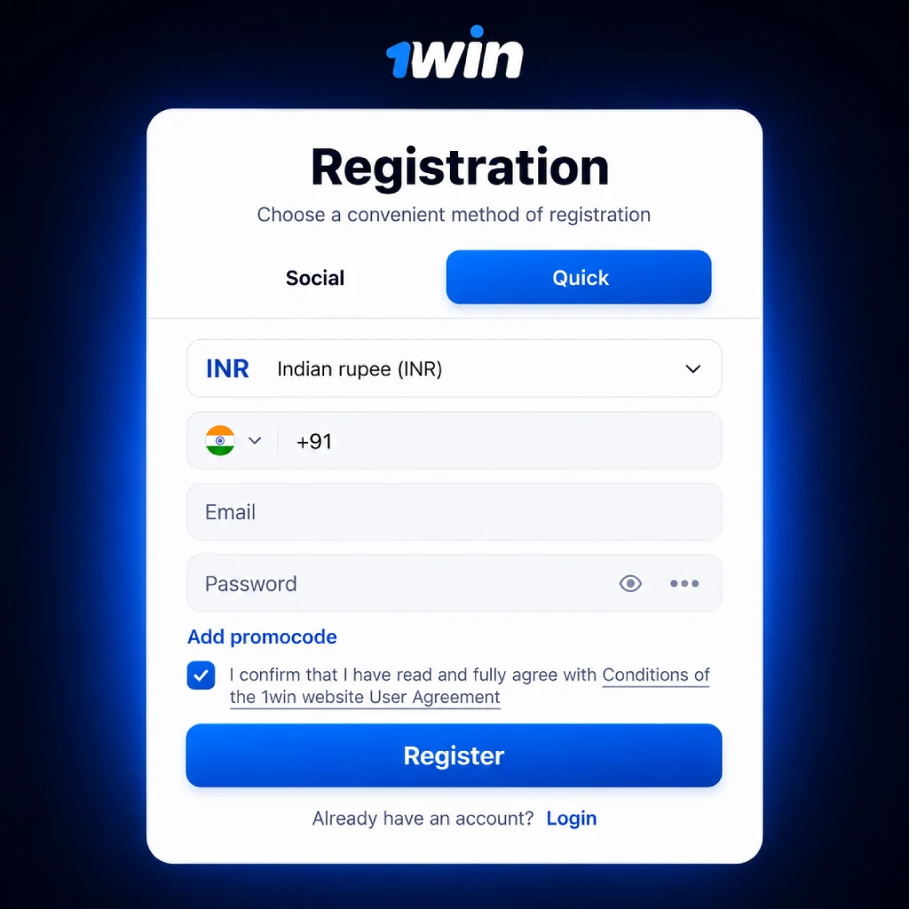 1win registration form for Indian users with INR and +91 phone number