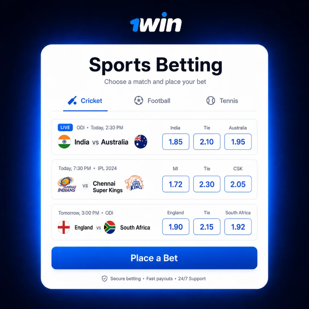 1win sports betting page for Indian users with cricket matches and betting odds